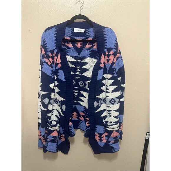 Shop Wanna B Aztec Print Open Front Cardigan Sweater Blue‎ Pink White Large - Picture 1 of 5